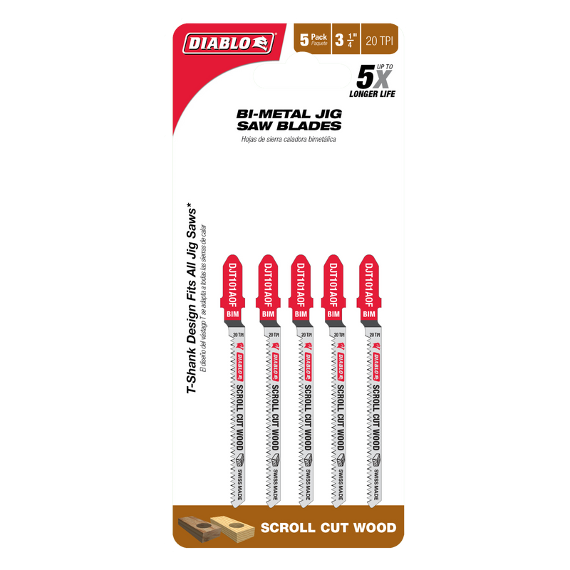 Diablo (DJT101AOF5) 3-1/4" 20TPI Bi-Metal Jig Saw Blades for Wood (5-pk)