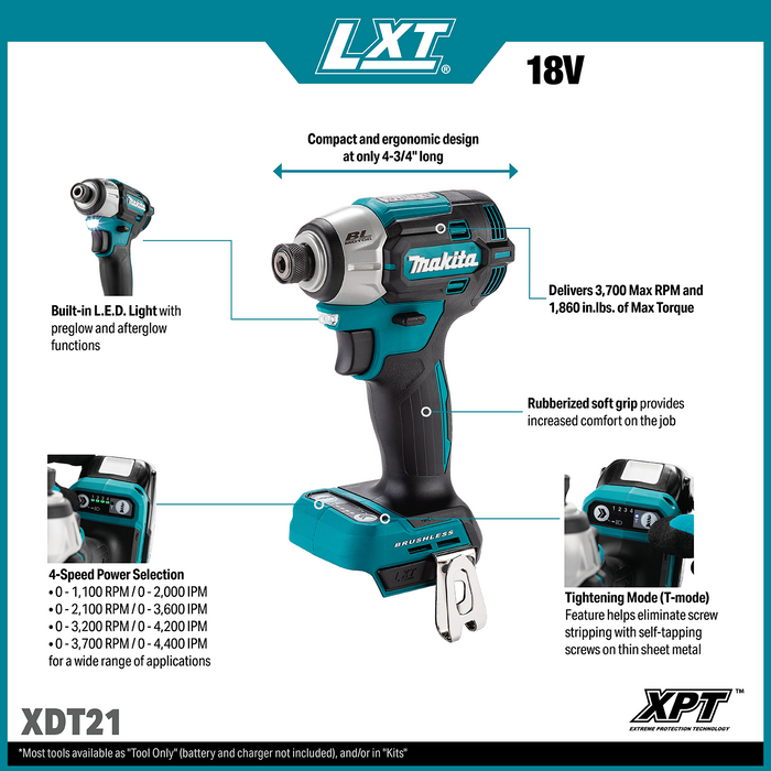 Makita (XDT21Z) 18V LXT® Lithium-Ion Brushless Cordless 4-Speed Impact Driver (Tool Only)