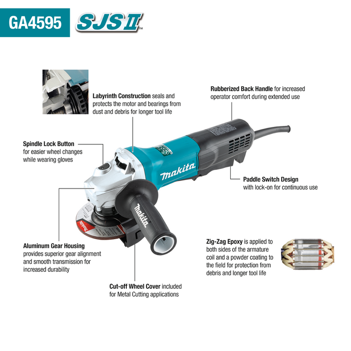 Makita (GA4595) 4‑1/2" SJS™II High‑Power Angle Grinder, Paddle Switch