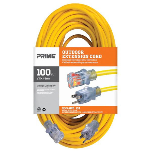 100ft 12/3 SJTW Yellow Extension Cord w/Primelight® - Pacific Power Tools