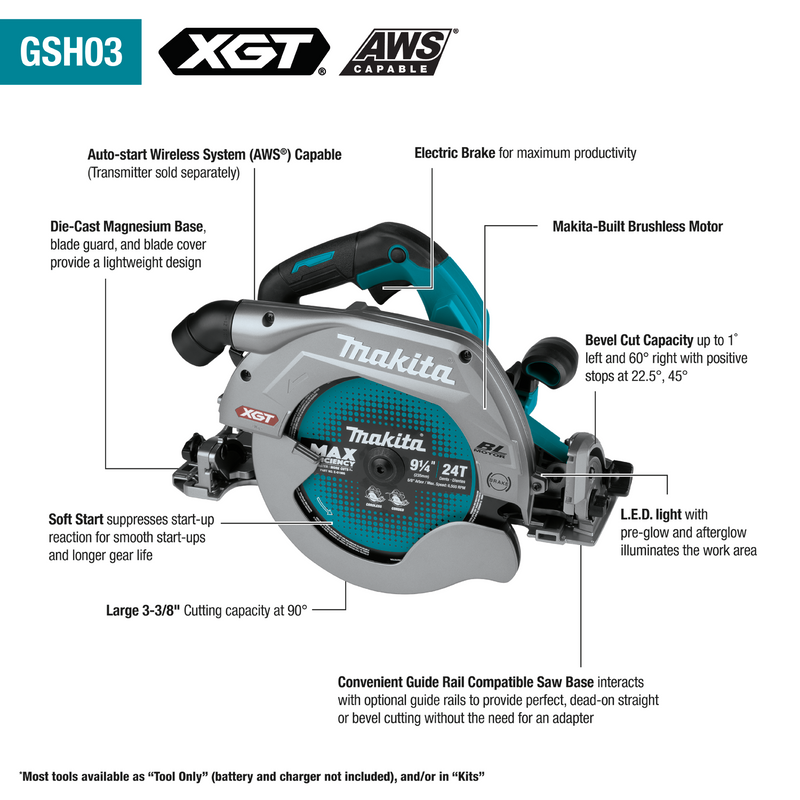 Makita (GSH03Z) 40V max XGT® Brushless 9-1/4" Circular Saw, guide rail compatible base, AWS® Capable (Tool Only)