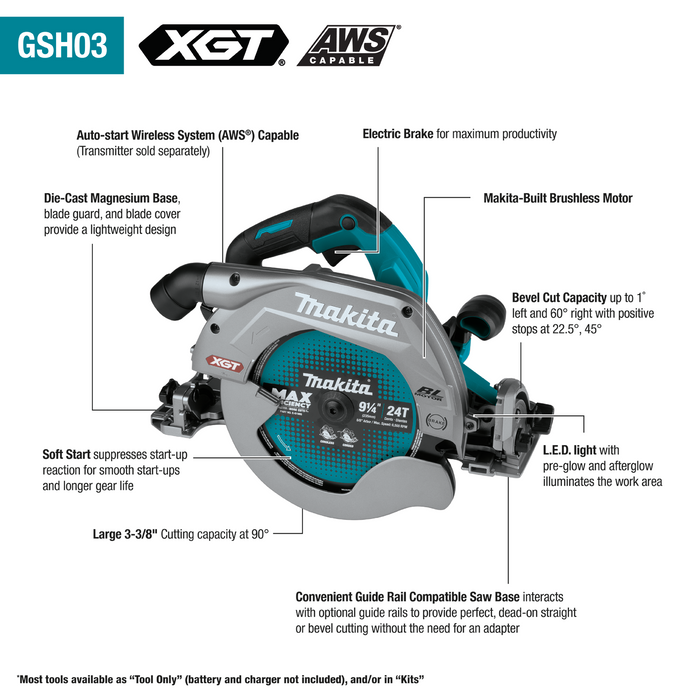Makita (GSH03Z) 40V max XGT® Brushless 9-1/4" Circular Saw, guide rail compatible base, AWS® Capable (Tool Only)