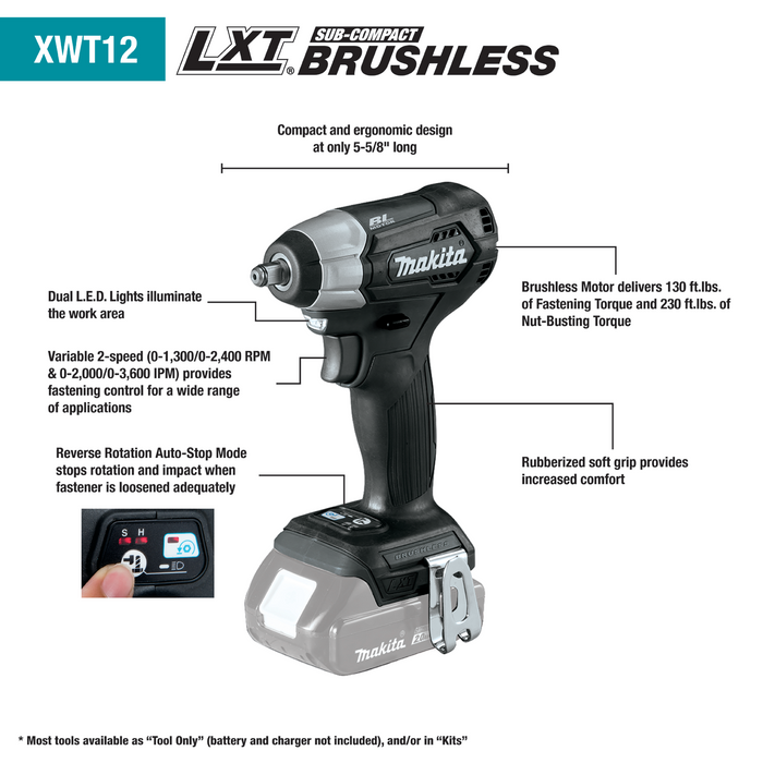 Makita (XWT12ZB) LXT® Sub-Compact Brushless 3/8" Sq. Drive Impact Wrench (Tool Only)
