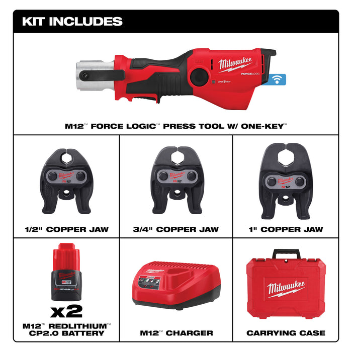 Milwaukee (2573-22) M12™ FORCE LOGIC™ Press Tool Kit w/ ONE-KEY™ with 1/2" – 1" CTS-V Jaws