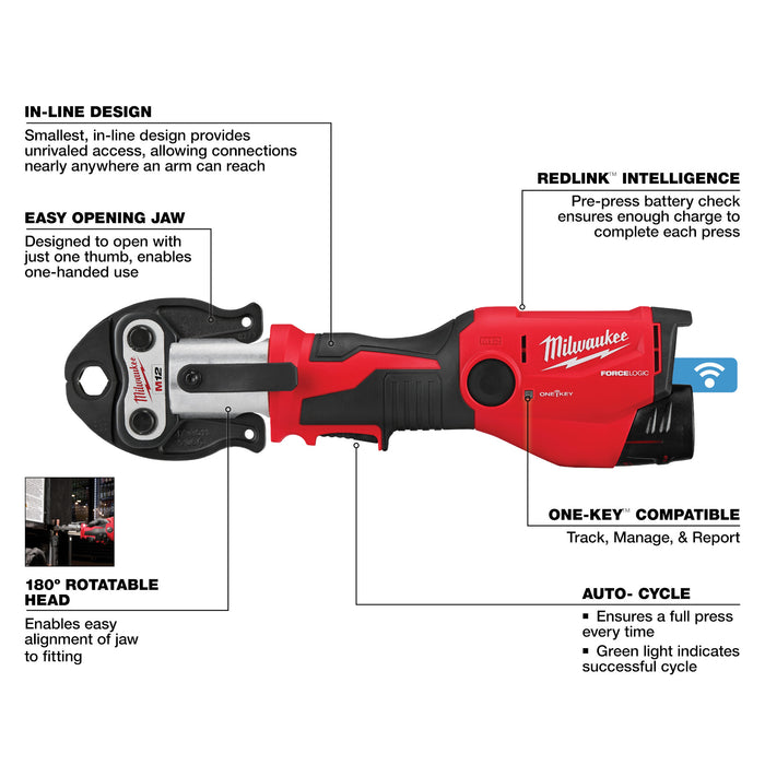 Milwaukee (2573-22) M12™ FORCE LOGIC™ Press Tool Kit w/ ONE-KEY™ with 1/2" – 1" CTS-V Jaws