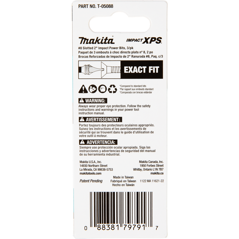 Makita (T-05088) Impact XPS® #8 Slotted 2" Power Bit, 3/pk