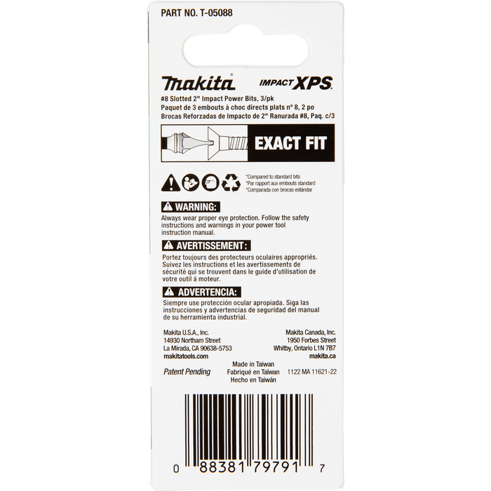 Makita (T-05088) Impact XPS® #8 Slotted 2" Power Bit, 3/pk