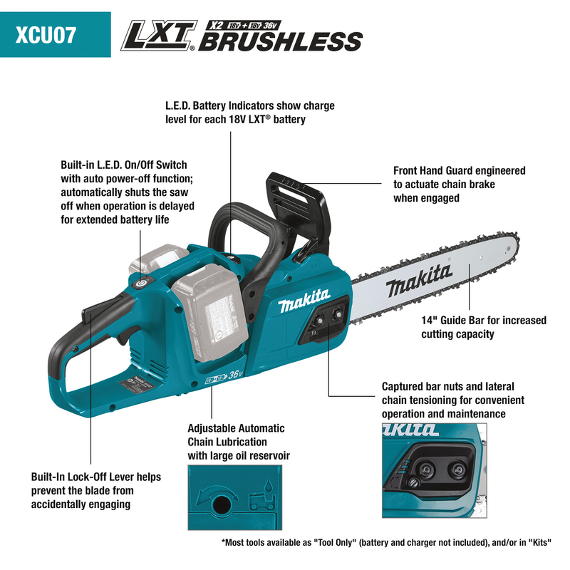 Sierra de cadena Makita (XCU07Z) 36V (X2) LXT® sin escobillas de 14" (solo herramienta) 