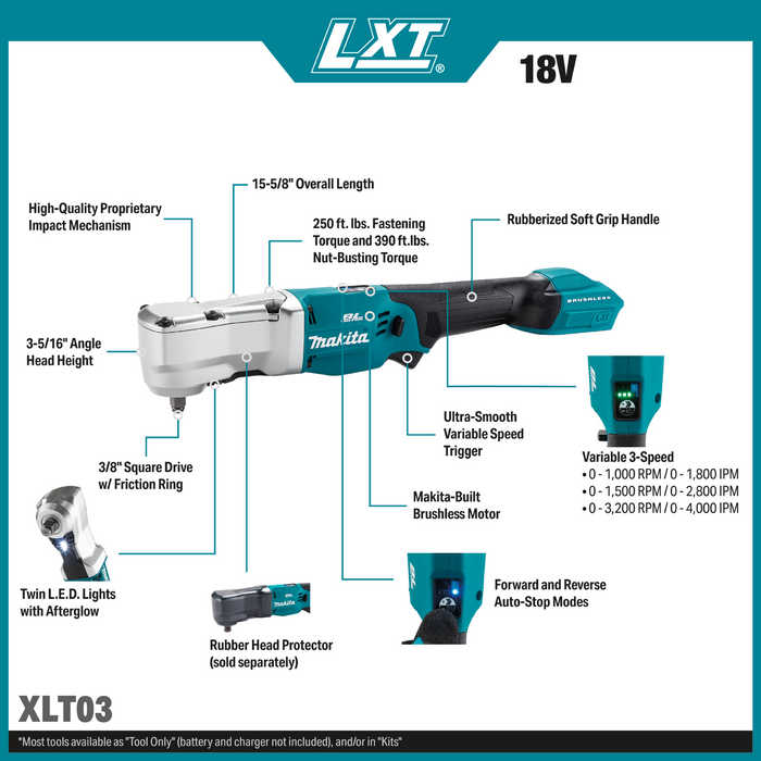 Makita (XLT03Z) 18V LXT® Lithium-Ion Brushless Cordless High Torque 3/8" Sq. Drive Angle Impact Wrench w/ Friction Ring (Tool Only)