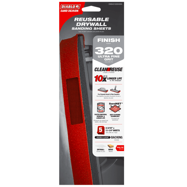 Diablo (DNS431080H05G) 4-3/16" x 11-1/4" Sand Demon™ 80-Grit Reusable Sanding Sheets for Drywall (5-pk)