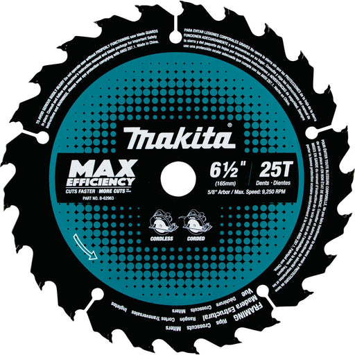 Makita (B-62963) 6-1/2" 25T Carbide-Tipped Max Efficiency Ultra-Thin Kerf Circular Saw Blade, Framing