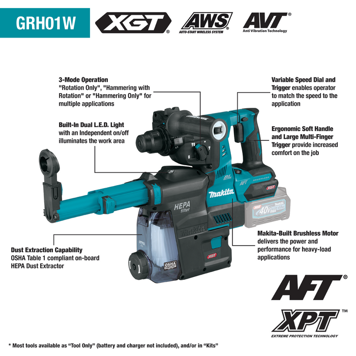Makita (GRH01M1W) 40V Max XGT Brushless 1-1/8" SDS-Plus Rotary Hammer Kit/ Dust Extractor