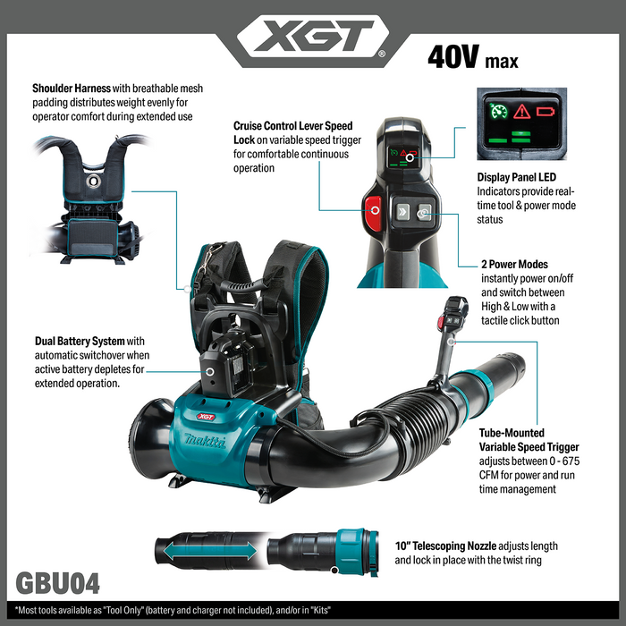 Makita (GBU04Z) 40V max XGT® Brushless Backpack Blower (Tool Only)