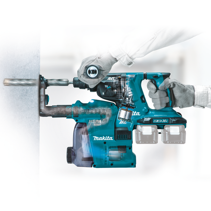 Makita (XRH10ZW) 36V (18V X2) LXT® Brushless 1‑1/8" SDS‑PLUS AVT® Rotary Hammer, w/ HEPA Dust Extractor, AFT®, AWS® Capable (Tool Only)