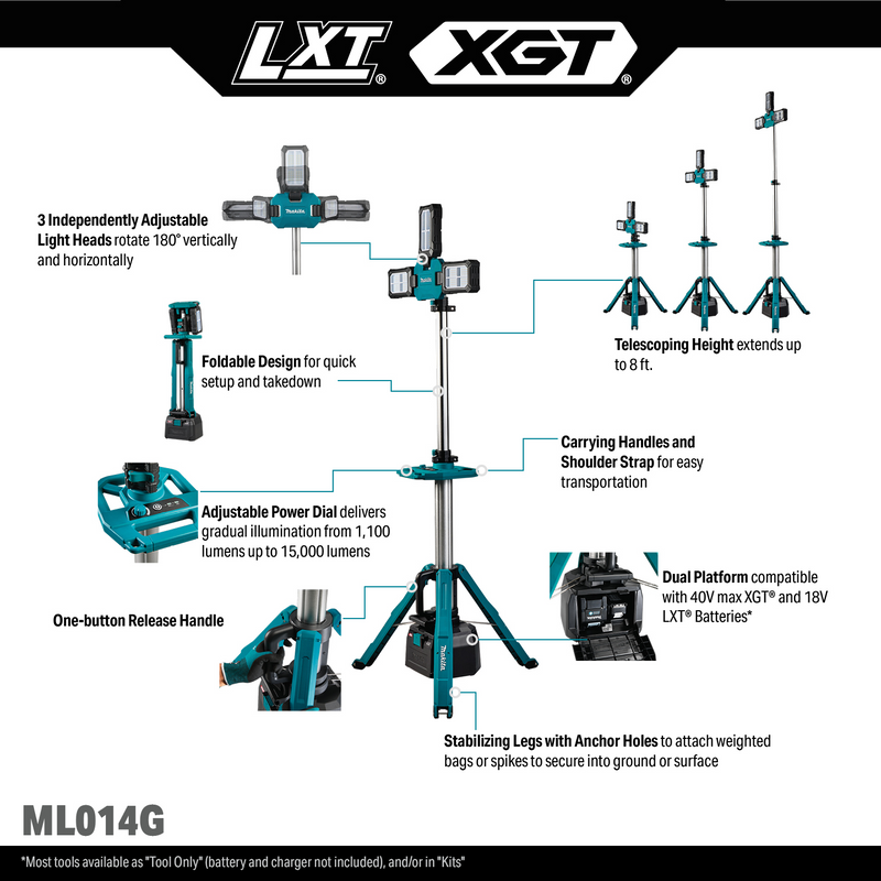 Makita (ML014G) 40V max XGT® / 18V LXT® Tower Work/Multi‑Directional Light, Light Only
