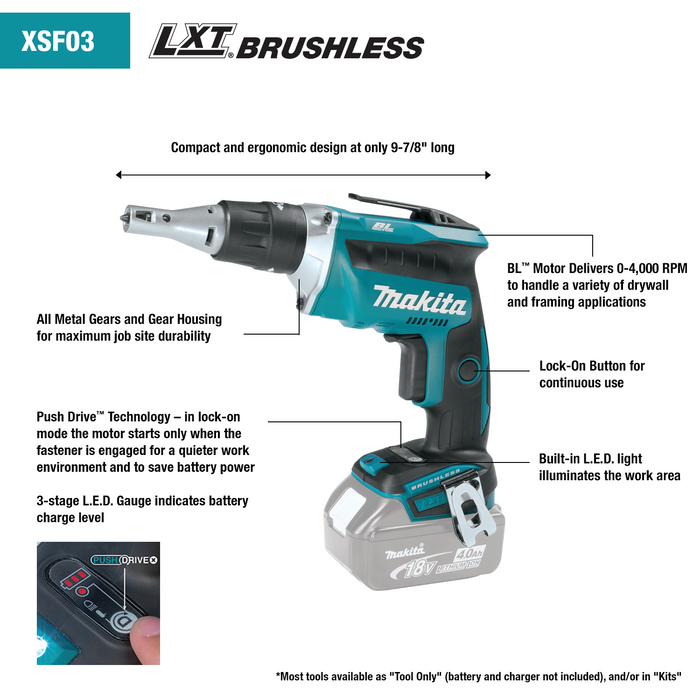 Makita (XSF03Z) 18V LXT® Brushless 4,000 RPM Drywall Screwdriver (Tool Only)