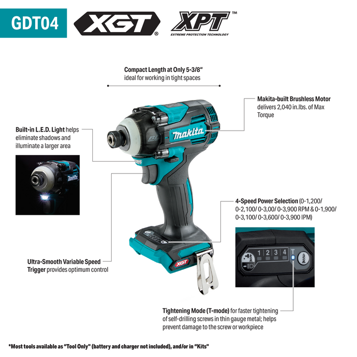 Makita (GDT04Z) 40V max XGT® Brushless High Torque 4-Speed Impact Driver (Tool Only)