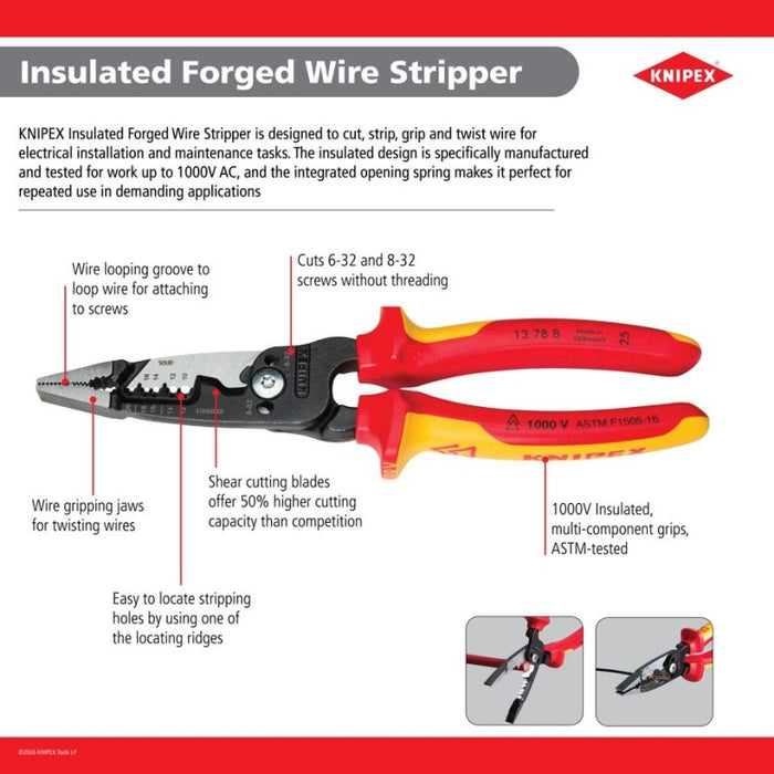 KNIPEX (13 78 8 SBA) Forged Wire Stripper 20-10 AWG-1000V Insulated