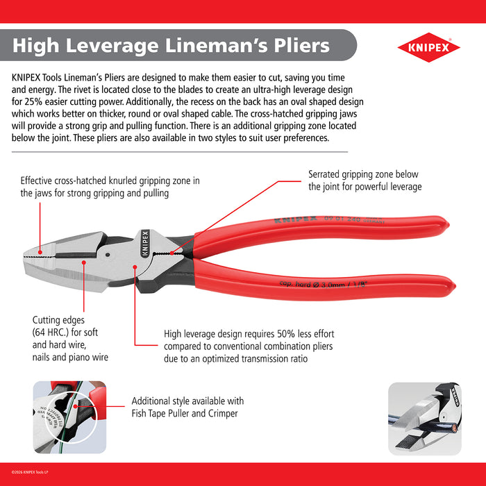 KNIPEX 9 1/2" High Leverage Lineman's Pliers New England Head