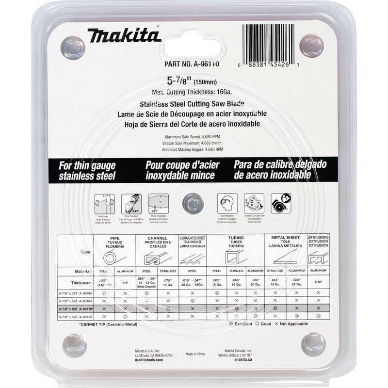 Makita (A-96110) 5-7/8" 60T Carbide-Tipped Saw Blade, Stainless Steel