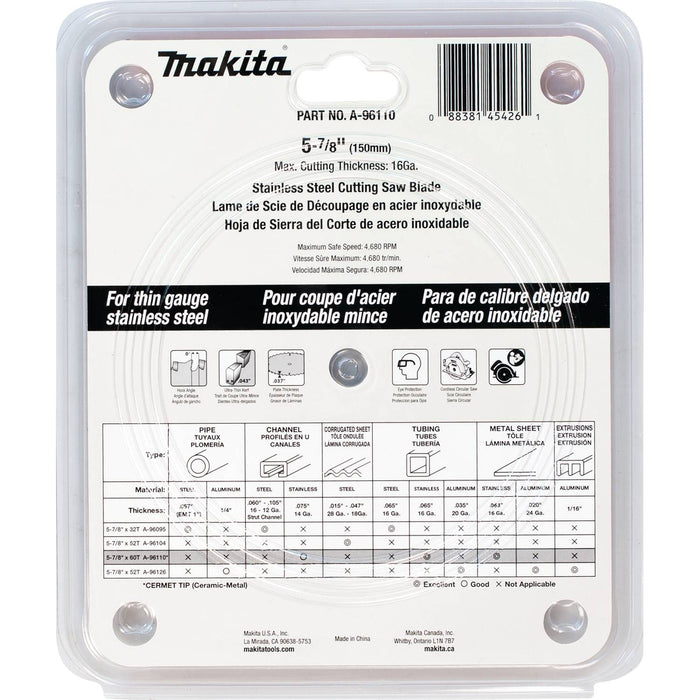 Makita (A-96110) 5-7/8" 60T Carbide-Tipped Saw Blade, Stainless Steel