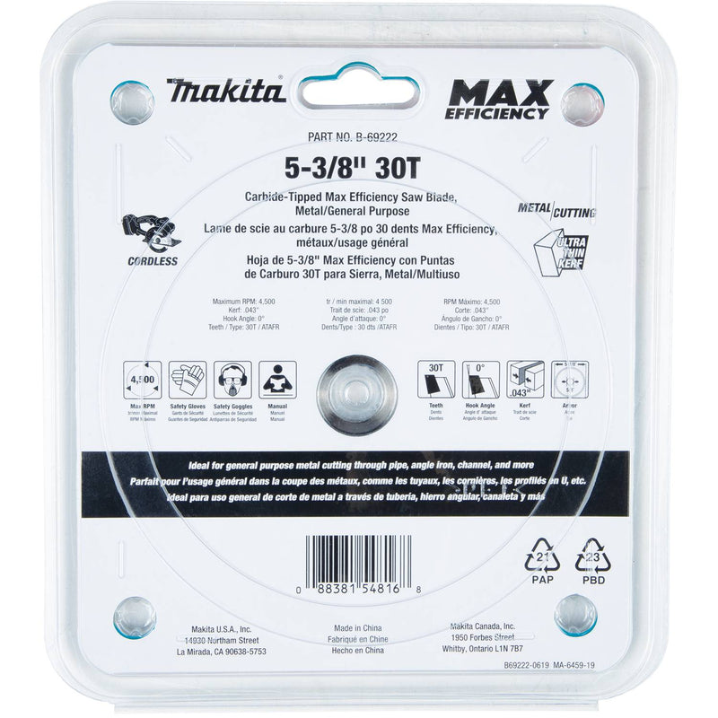 Makita (B-69222) 5-3/8" 30T Carbide-Tipped Max Efficiency Saw Blade, Metal/General Purpose