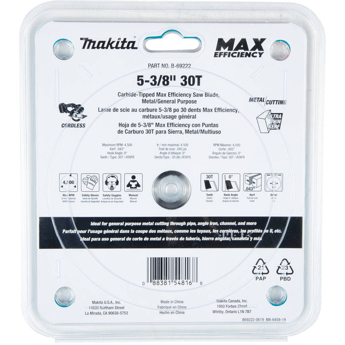 Makita (B-69222) 5-3/8" 30T Carbide-Tipped Max Efficiency Saw Blade, Metal/General Purpose