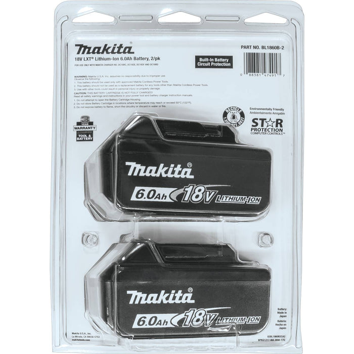 Makita (BL1860B-2) 18V LXT® Lithium-Ion 6.0Ah Battery, 2/pk
