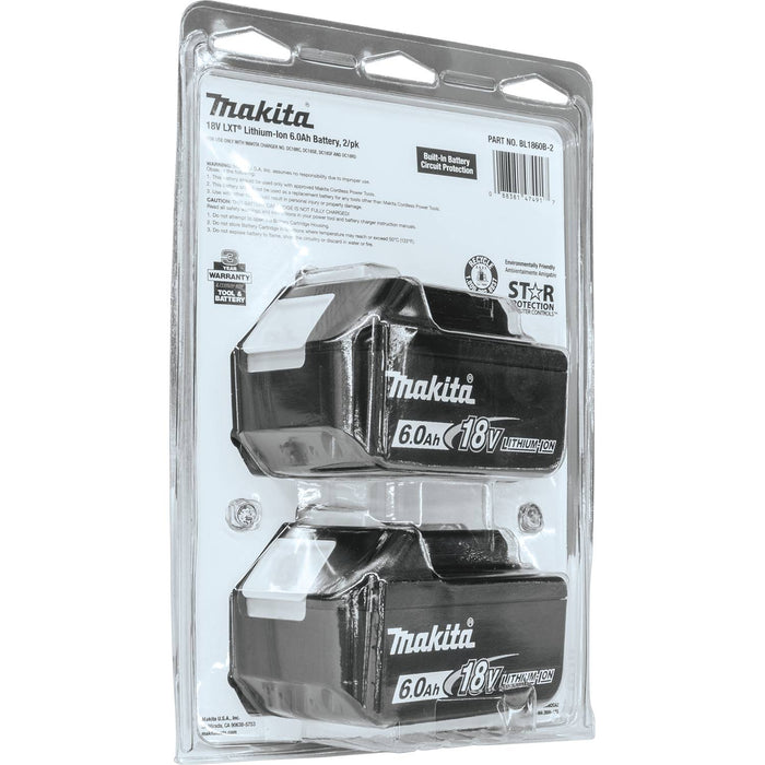 Makita (BL1860B-2) 18V LXT® Lithium-Ion 6.0Ah Battery, 2/pk