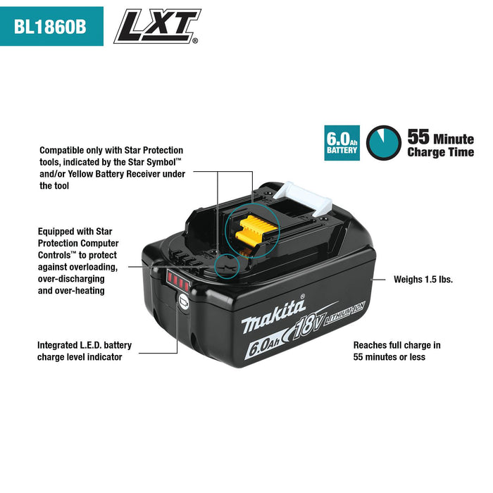 Makita (BL1860B-2) 18V LXT® Lithium-Ion 6.0Ah Battery, 2/pk