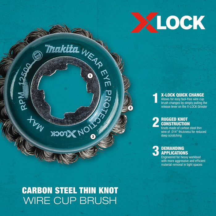 Makita (D-72615) X-LOCK 3-1/8" Carbon Steel Knot Thin Wire Cup Brush