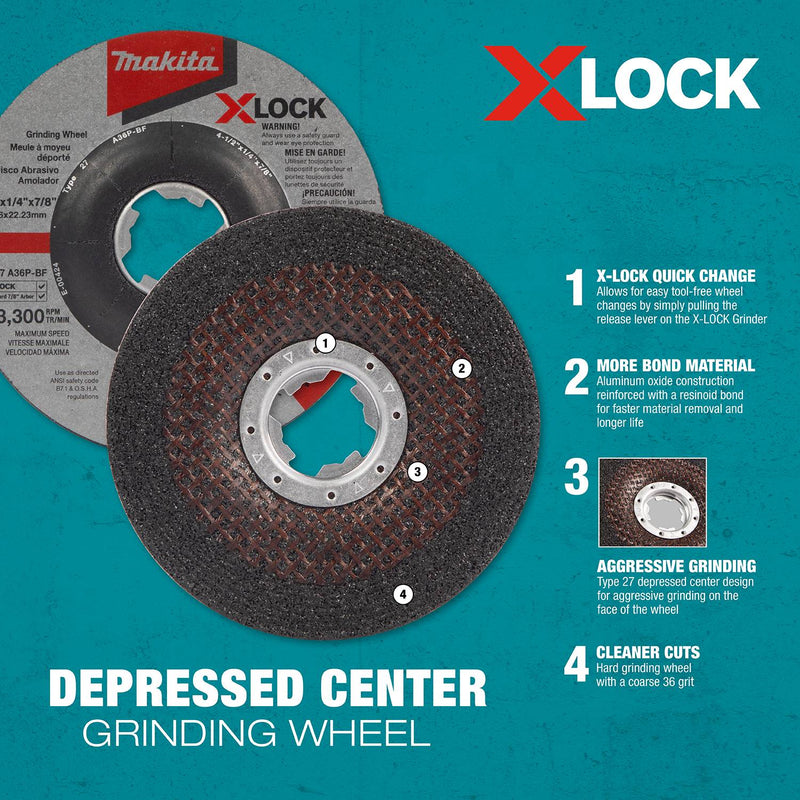 Makita (E-00424) X-LOCK 4-1/2" x 1/4" x 7/8" Type 27 General Purpose Metal Grinding Wheel, 36 Grit