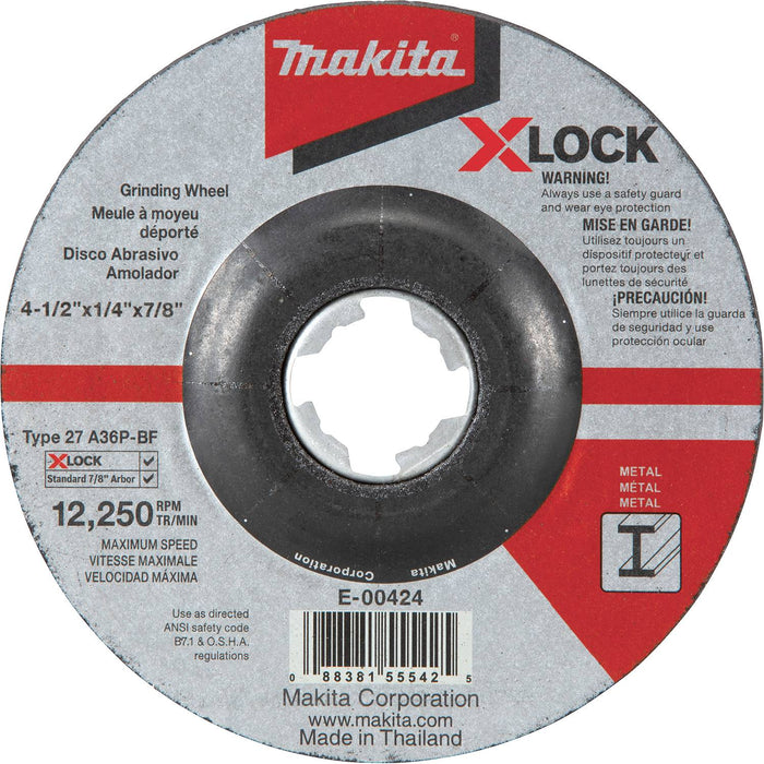 Makita (E-00424) X-LOCK 4-1/2" x 1/4" x 7/8" Type 27 General Purpose Metal Grinding Wheel, 36 Grit