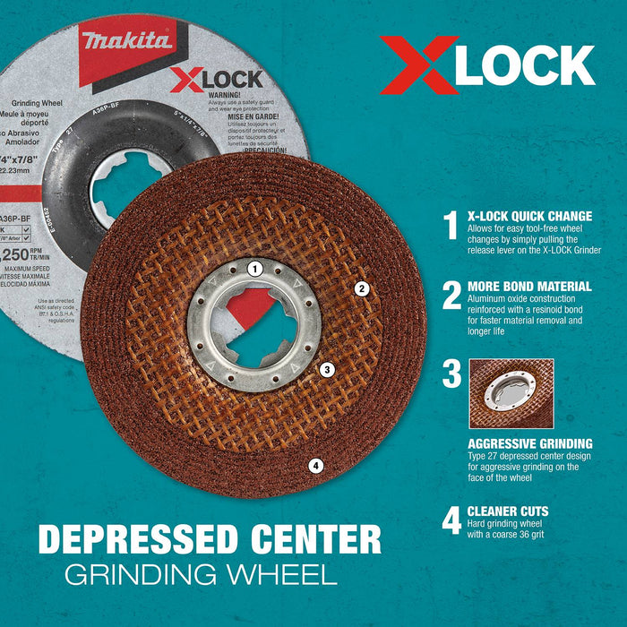Makita (E-00468) X-LOCK 5" x 1/4" x 7/8" Type 27 General Purpose Metal & Stainless Steel Grinding Wheel, 36 Grit