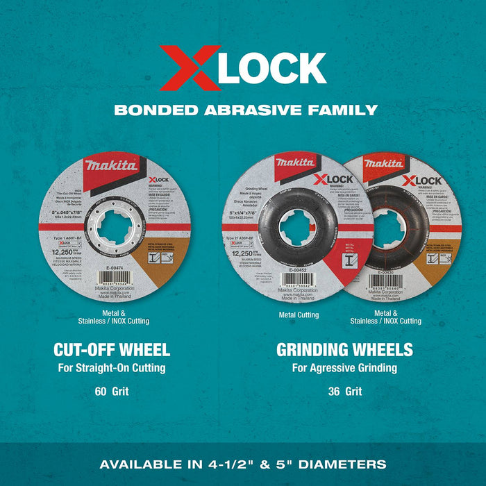 Makita (E-00468) X-LOCK 5" x 1/4" x 7/8" Type 27 General Purpose Metal & Stainless Steel Grinding Wheel, 36 Grit