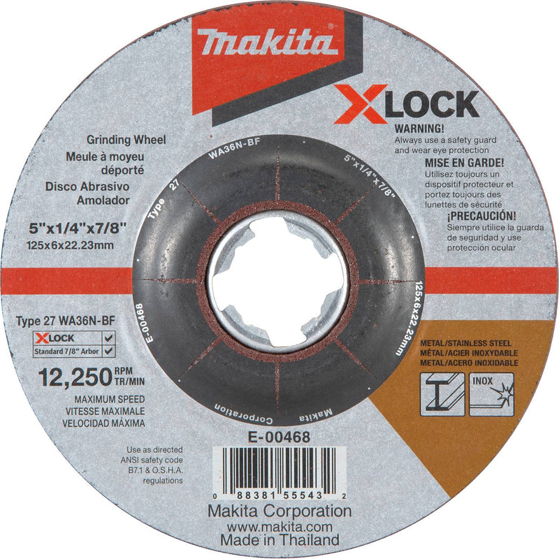 Makita (E-00468) X-LOCK 5" x 1/4" x 7/8" Type 27 General Purpose Metal & Stainless Steel Grinding Wheel, 36 Grit