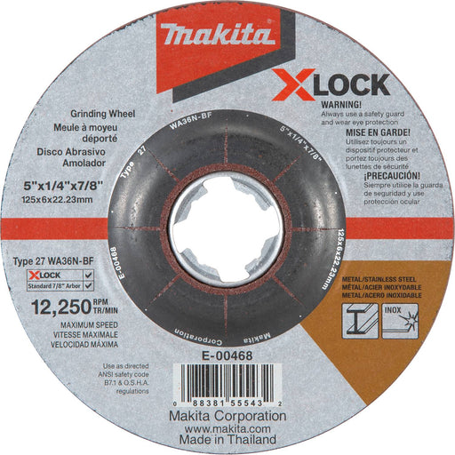 Makita (E-00468) X-LOCK 5" x 1/4" x 7/8" Type 27 General Purpose Metal & Stainless Steel Grinding Wheel, 36 Grit