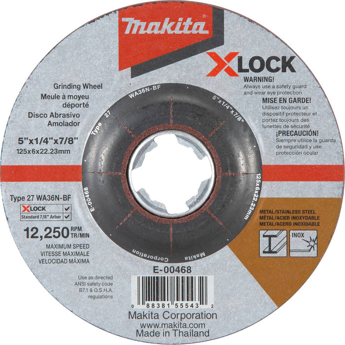 Makita (E-00468) X-LOCK 5" x 1/4" x 7/8" Type 27 General Purpose Metal & Stainless Steel Grinding Wheel, 36 Grit