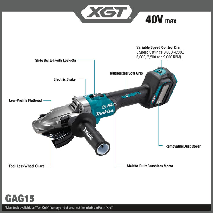 Makita (GAG15Z) 40V max XGT® Brushless  5" Slide Switch Flathead Grinder, Variable Speed, with Electric Brake, Tool Only