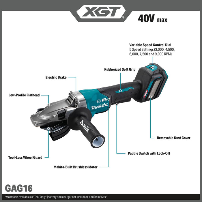 Makita (GAG16Z) 40V max XGT® Brushless  5" Paddle Switch Flathead Grinder, Variable Speed, with Electric Brake, Tool Only