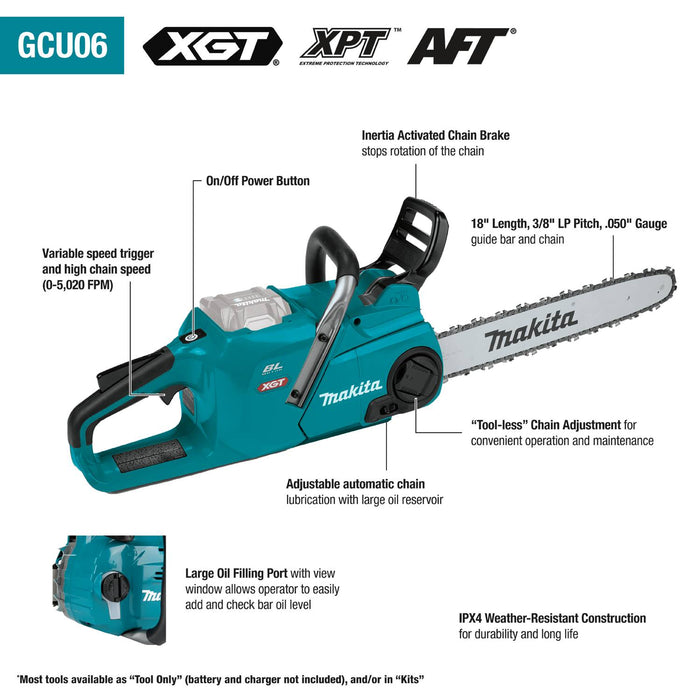 Makita (GCU06T1) 40V max XGT® Brushless 18" Chain Saw Kit, with one battery (5.0Ah)