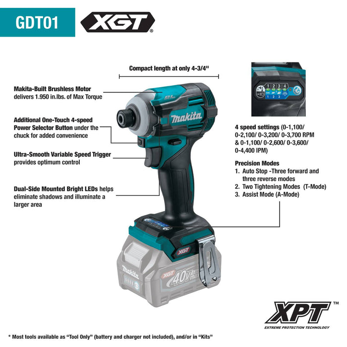Makita (GT400M1D1-R) 40V max XGT® Brushless 4 Pc. Combo Kit, GPH01, GDT01, GSH01, ML001G, bag (2.5Ah/4.0Ah) (Factory Reconditioned)