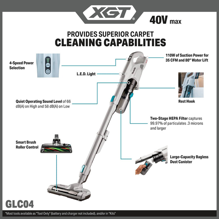 Makita (GLC04Z) 40V max XGT® Brushless Cordless Cyclonic Power Brush Head 4-Speed Compact Stick Vacuum (Tool Only)