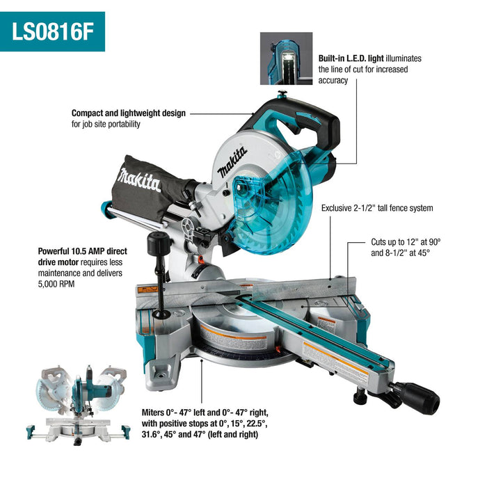 Makita (LS0816F-R) 8-1/2” Slide Compound Miter Saw, L.E.D. Light (Factory Reconditioned)