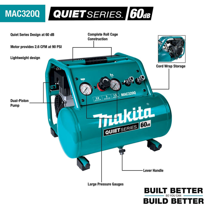 Makita (MAC320Q-R) Quiet Series 1-1/2 HP, 3 Gallon, Oil-Free, Electric Air Compressor (Factory Reconditioned)