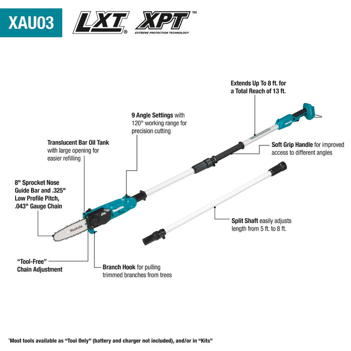 Makita (XAU03Z) 18V LXT® Lithium-Ion Brushless Cordless 8" Extendable Articulating Pole Saw, Tool Only