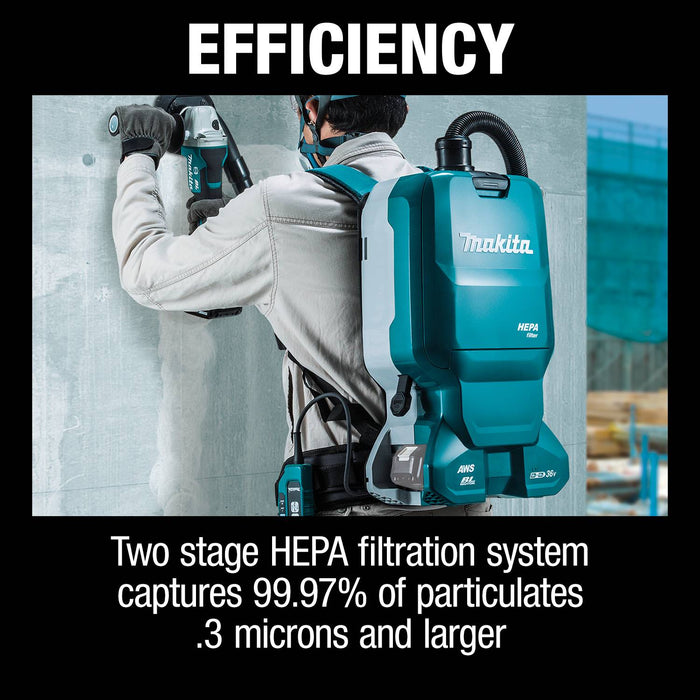 Makita (XCV18ZX) 36V (18V X2) LXT® Brushless 1.6 Gallon HEPA Filter Backpack Dry Dust Extractor, AWS® Capable (Tool Only)