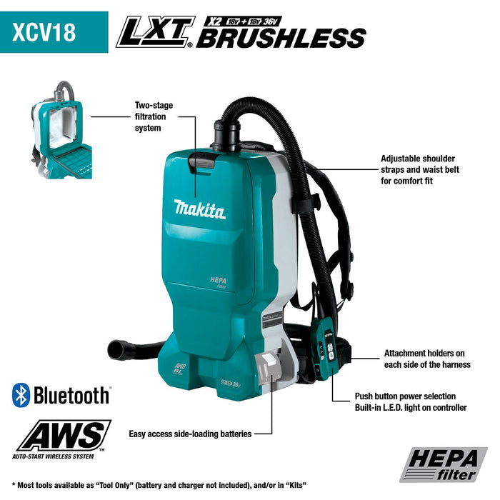 Makita (XCV18ZX) 36V (18V X2) LXT® Brushless 1.6 Gallon HEPA Filter Backpack Dry Dust Extractor, AWS® Capable (Tool Only)