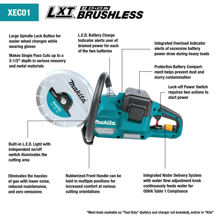 Makita (XEC01PT1-R) 36V (18V X2) LXT® Brushless 9" Power Cutter Kit, cut-off wheel, lock-off (Bare Tool) (Factory Reconditioned)