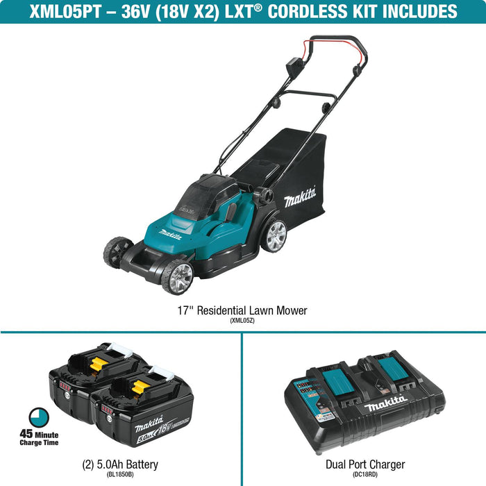 Makita (XML05PT-R) 36V (18V X2) LXT® 17" Residential Lawn Mower Kit, dual port charger (5.0Ah) (Factory Reconditioned)
